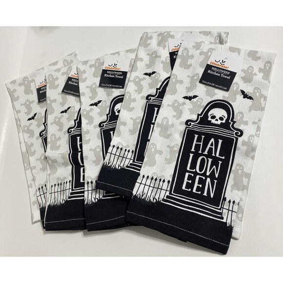 Halloween Kitchen Dish Hand Towels Spooky Scary Skull Ghost Set Festive Fun NEW - Picture 2 of 7